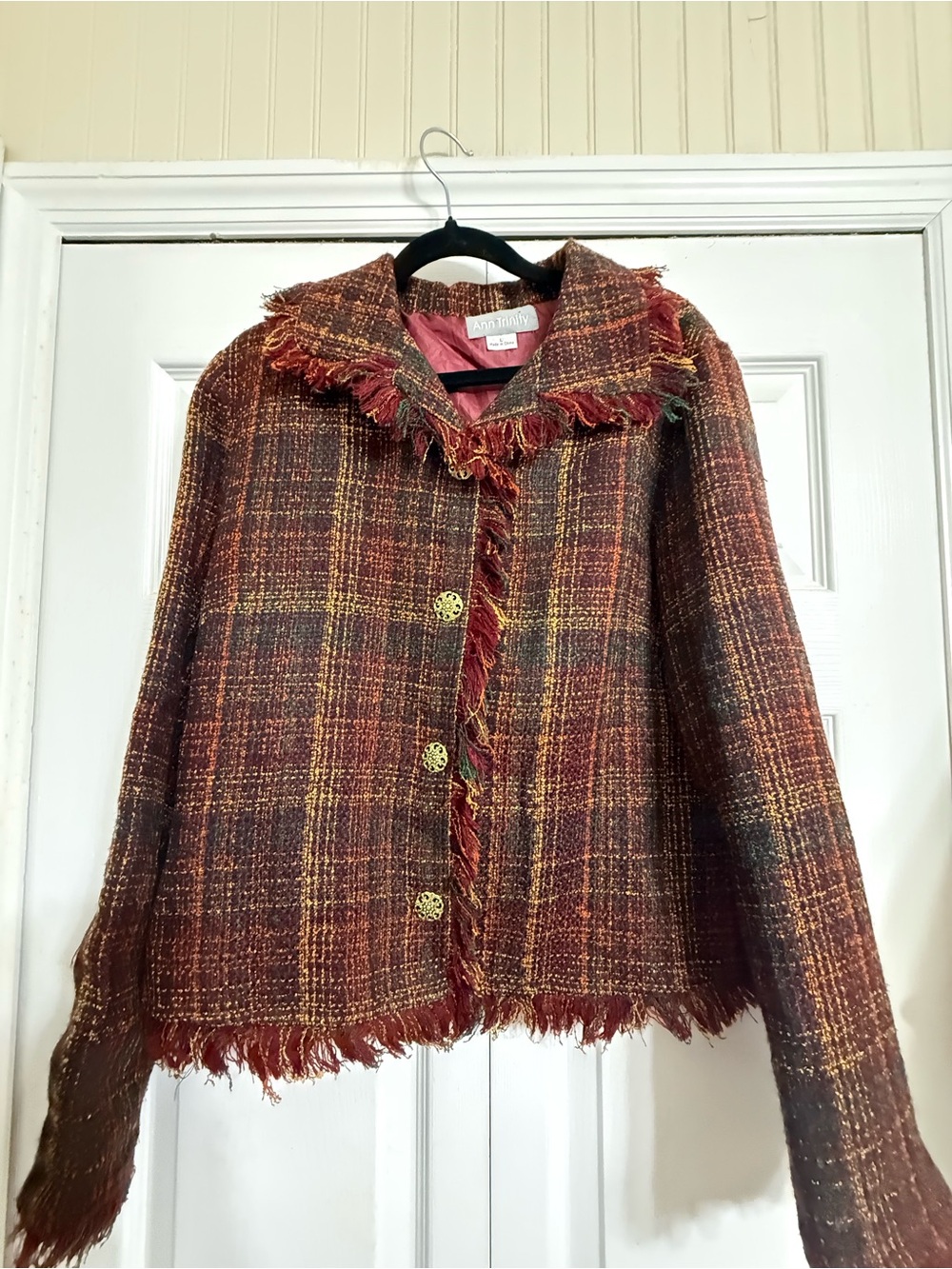 Ann Taylor Red-Brown Plaid Tweed Fringe Jacket